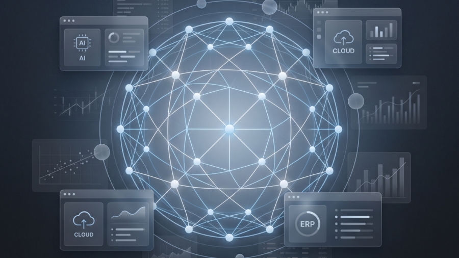 A high-end editorial illustration of a futuristic business strategy interface, showing interconnected data nodes, regression lines, and digital dashboards, representing AI, cloud computing, and ERP systems. The composition is clean and minimal, with a central glowing network grid symbolizing strategic decision-making. Subtle financial charts and data overlays float in the background. Color palette of deep blue, charcoal, and soft white highlights. Lighting is soft and directional, giving a premium research publication feel. No text, no clutter, ultra-sharp, cinematic, 4K, professional journal style.